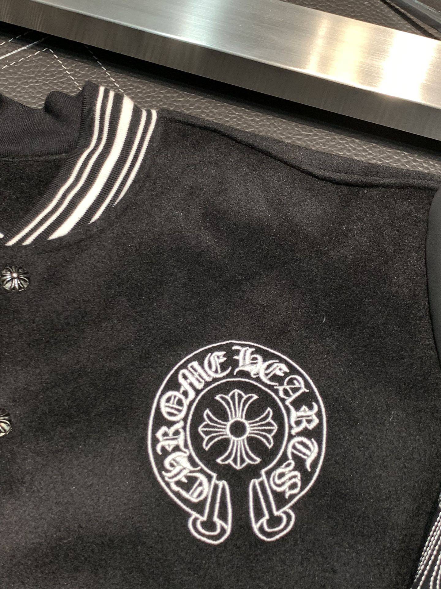 Ch*0me He**ts Embroidered patchwork wool baseball jacket