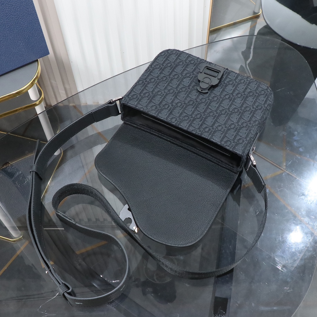 Black Oblique print fabric and black grained calfskin leather with flap