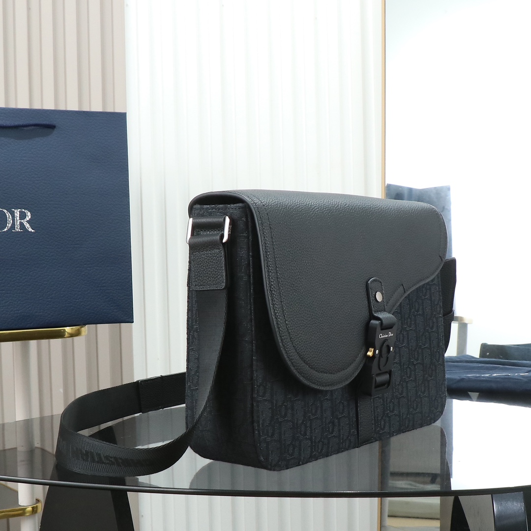 Black Oblique print fabric and black grained calfskin leather with flap