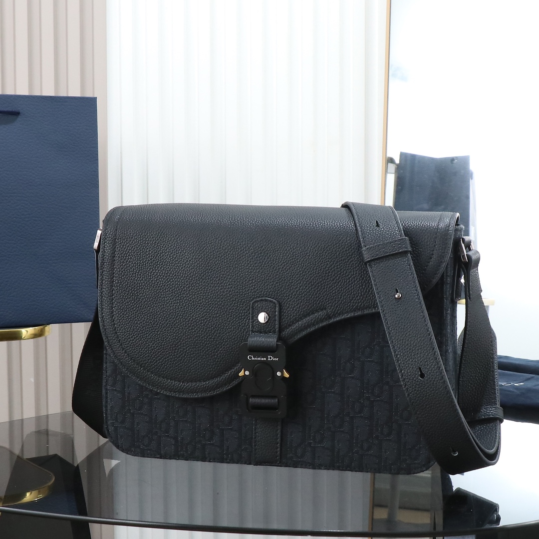 Black Oblique print fabric and black grained calfskin leather with flap