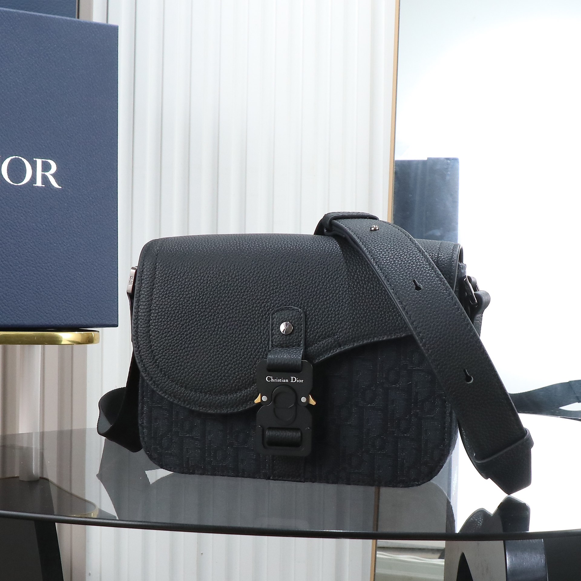 Black Oblique print fabric and black grained calfskin leather with flap