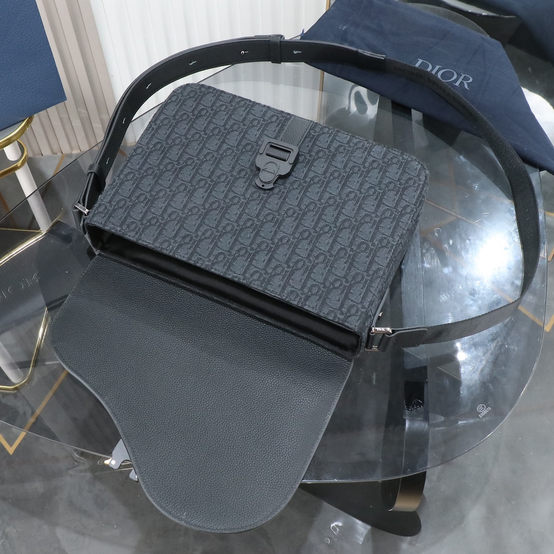 Black Oblique print fabric and black grained calfskin leather with flap